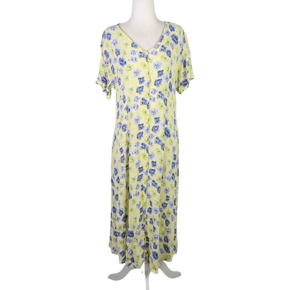 Vintage 90s Amanda Stewart yellow and blue floral midi dress L